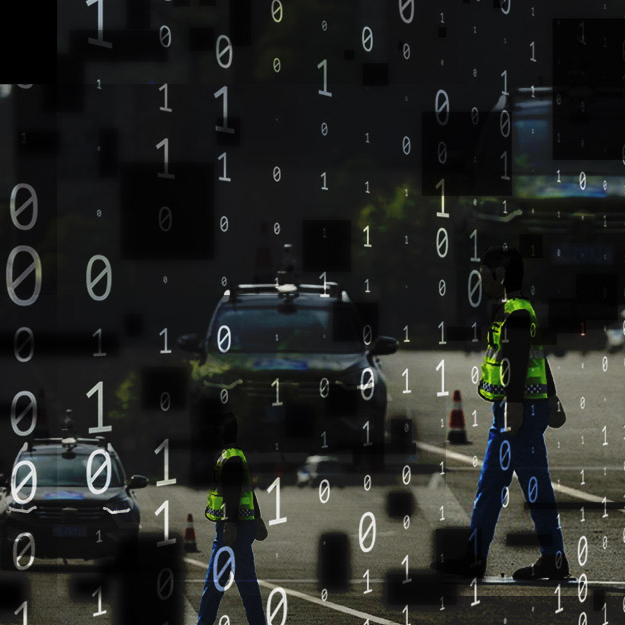 AV Photographic collage comprising automatic vehicles, a person wearing a bright vest, and zeroes and ones arranged as if they were rain