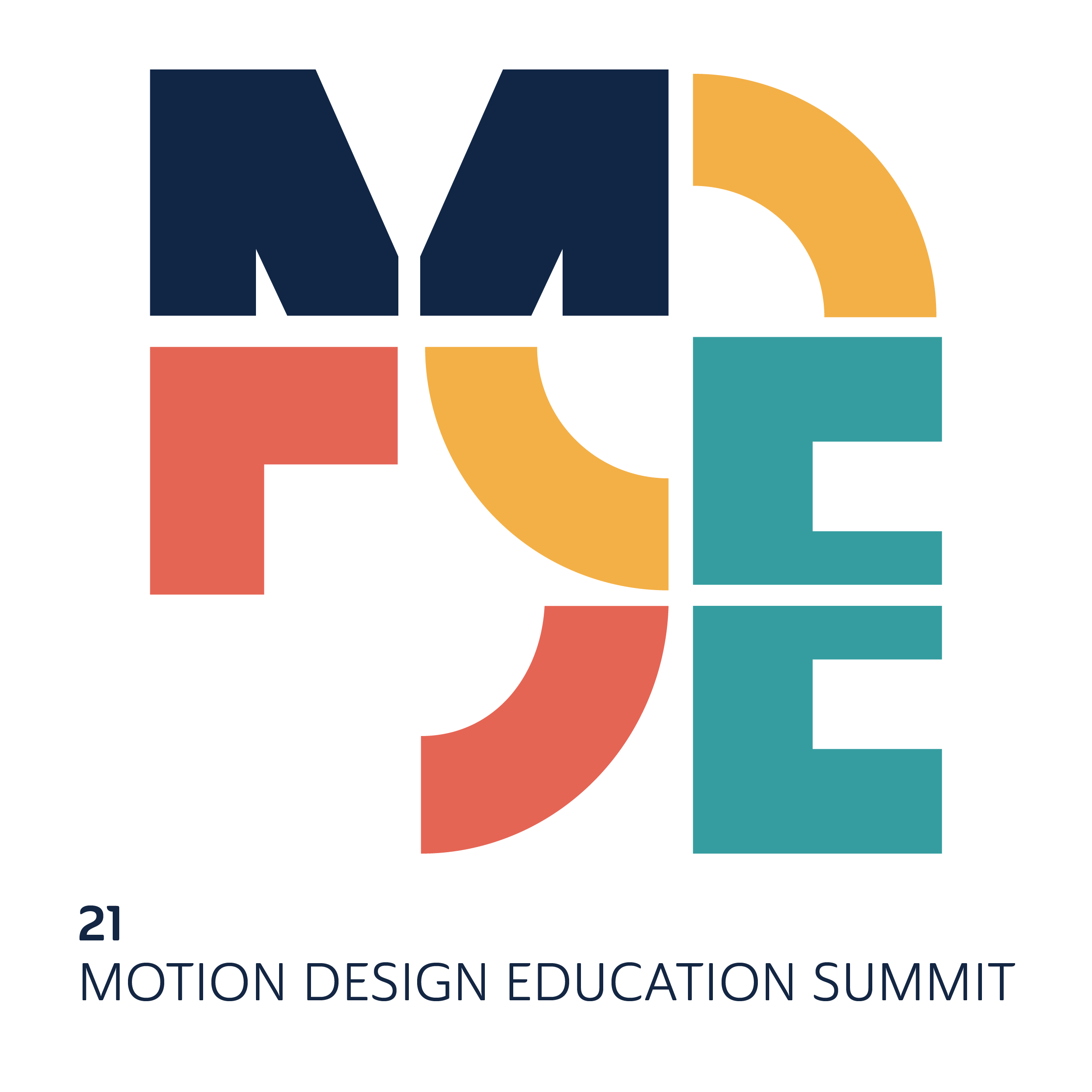 Logo of MoDE 21, the Motion Design Education Summit The image shows fragments of the letters that form the word mode arranged in an artistic way. It also displays 21 Motion Design Education Summit