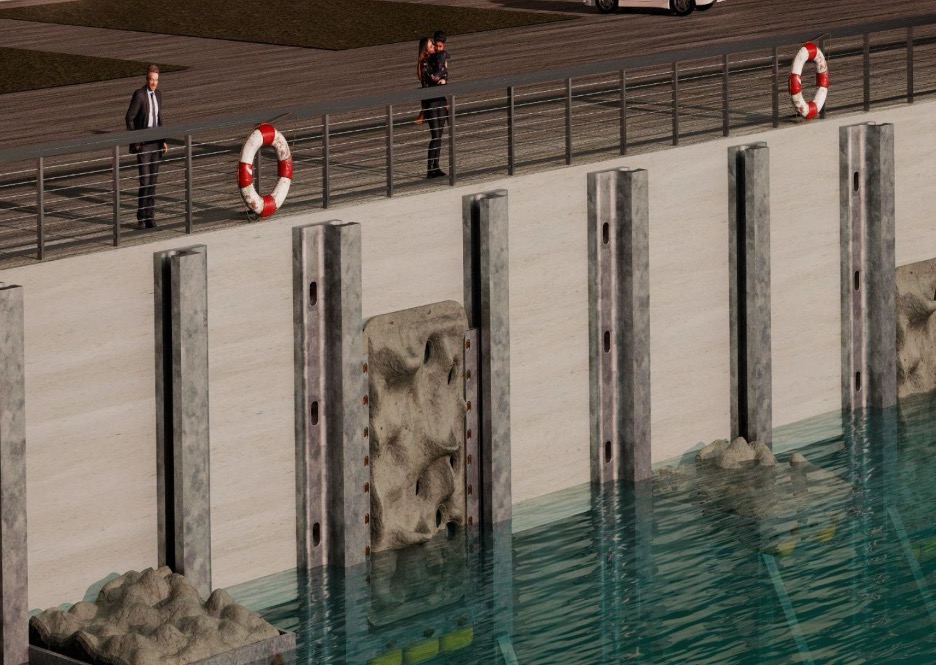 Adaptive Living Seawall constitutes vertical and horizontal biocrete platforms held at different water levels by buoys and a wall-mounted system of tracks. Project and images by Vivack Chan, Katalina Ruiz, and Athena Valli.