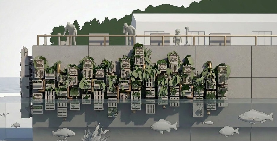 Coastal Resonance living seawall installation modular blocks with varying textures and shapes arranged at different heights on a metal piping structure that reverberates ocean sounds to researchers and visitors at the deck. Project and images by April Anderson, Jason Lee, and Dominic Taylor.