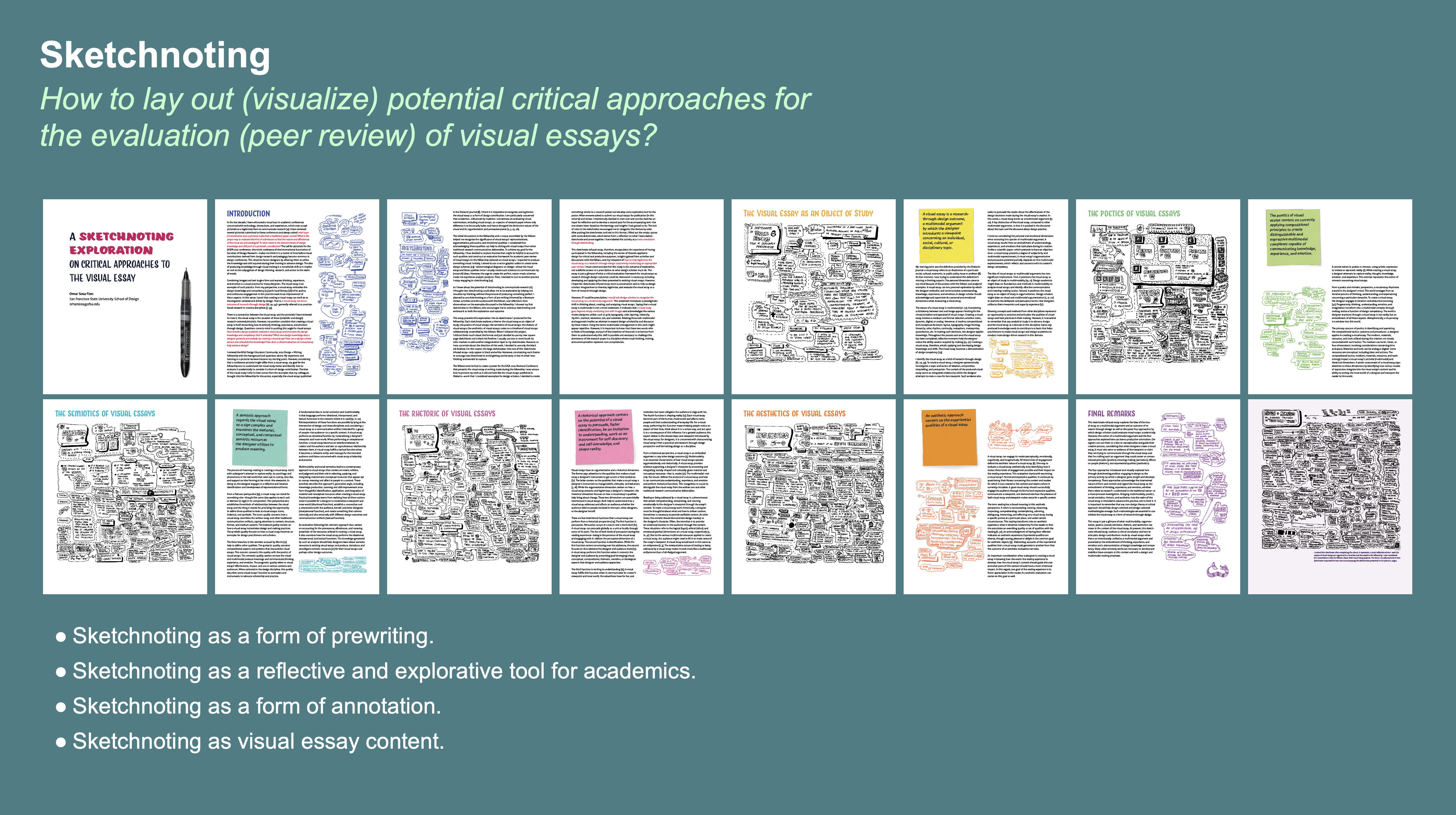 Image showing Omar Sosa-Tzec's visual essay and sketchnotes and listing uses for the sketchnote in visual essay creation