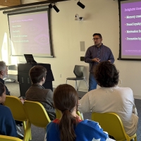 Professor Oma Sosa-Tzec giving a talk about Delightful Design to the Strategic Design MBA students of California College of the Arts